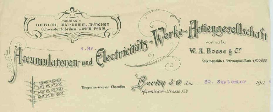 Briefkopf Accumulatoren und Elektrici&auml;ts Werke